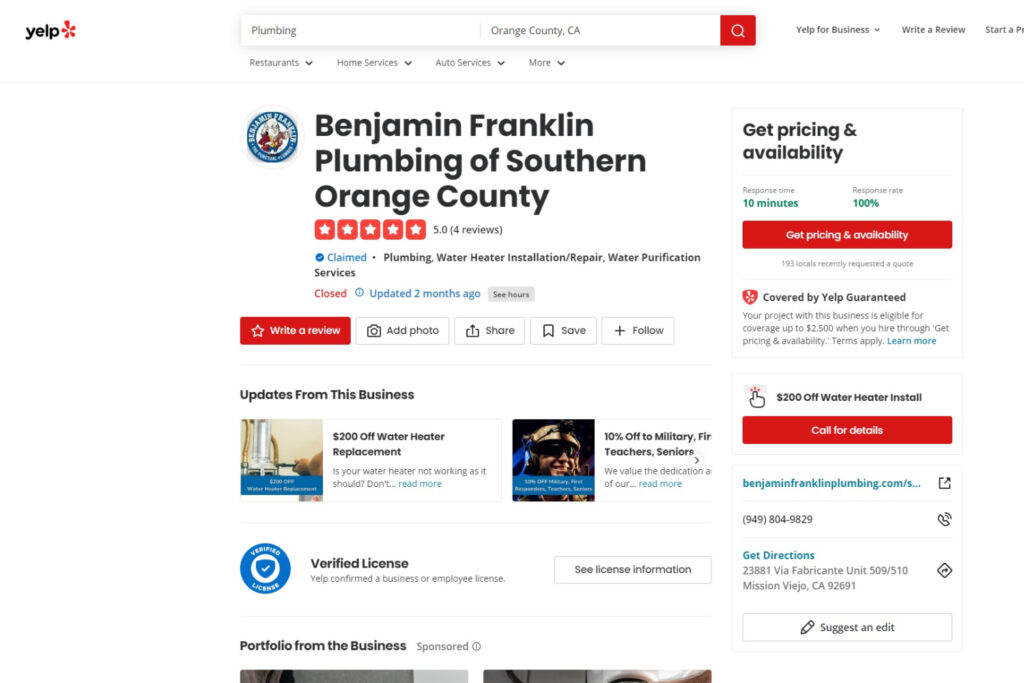 benjamin franklin plumbing yelp ads