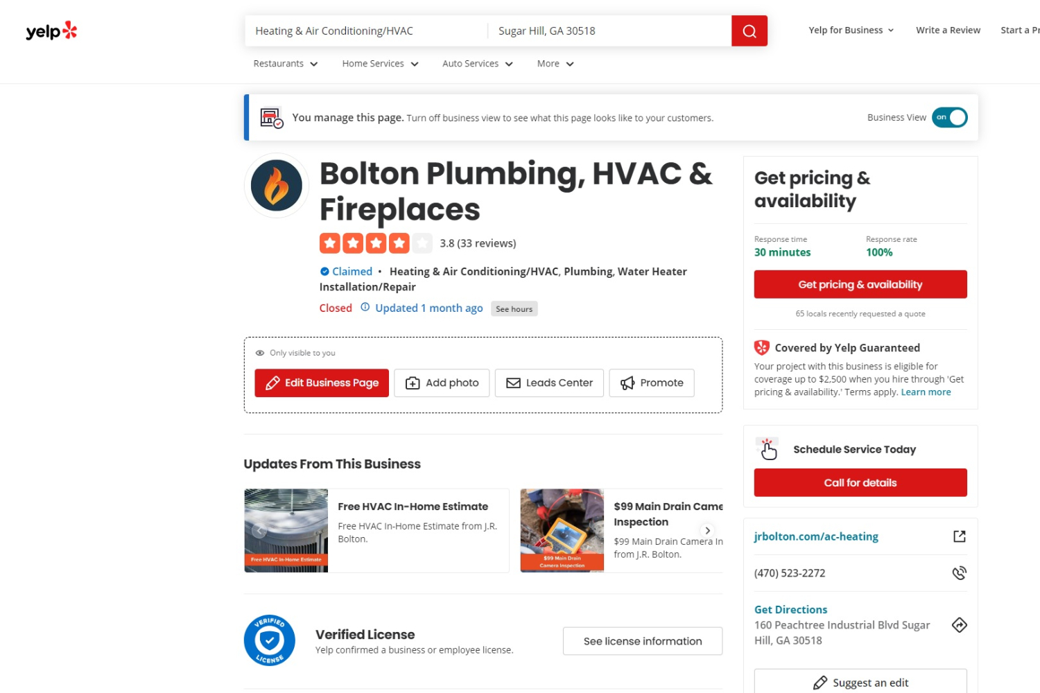 yelp ads management bolton plumber hvac