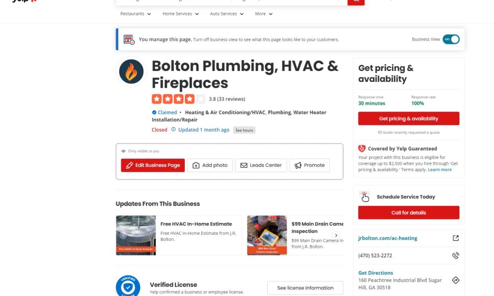 yelp ads management bolton plumber hvac